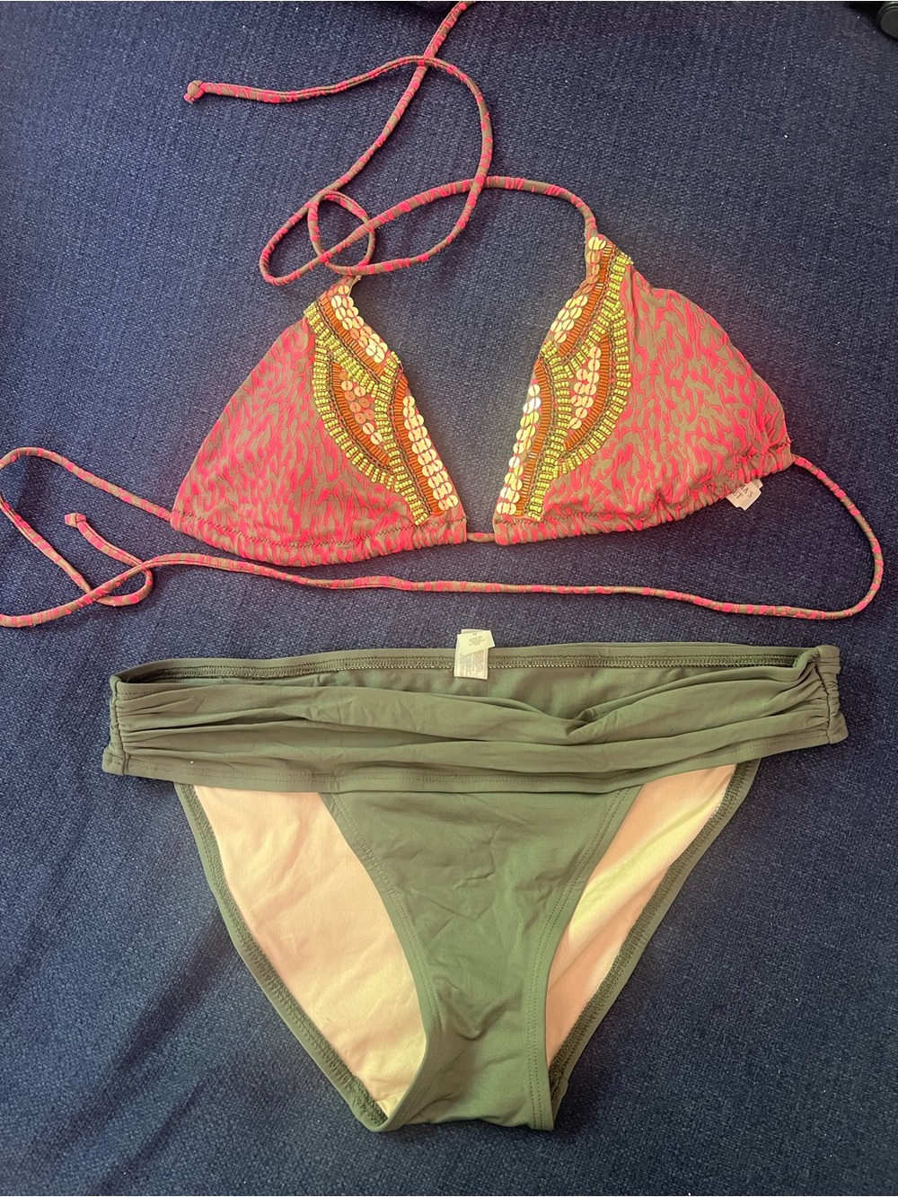 Victoria Secret Beaded Pink Triangle Bikini Top with Olive Fold-Over Bottoms